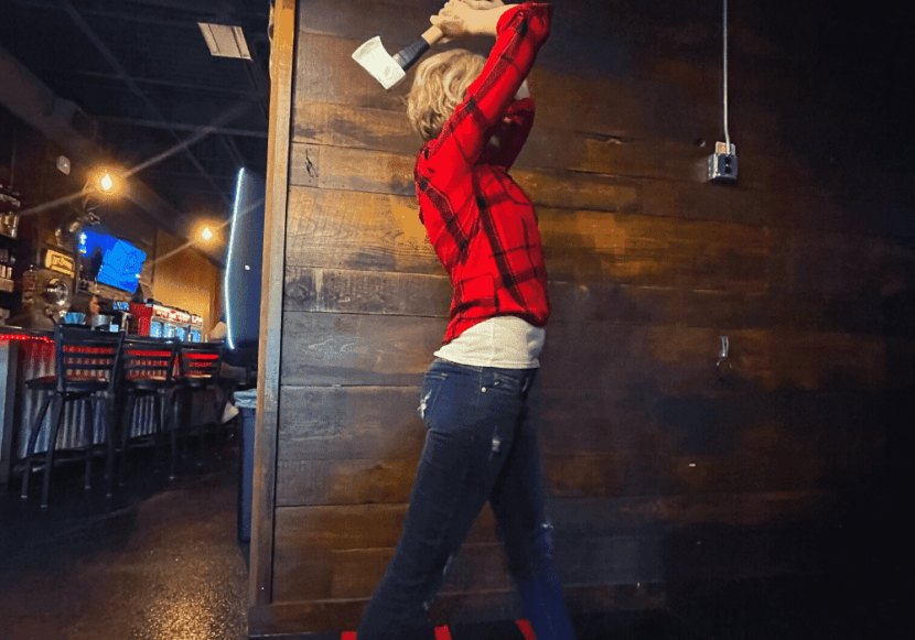 Beautiful axe throwing form from a Bemidji, Minnesota local ready to throw an axe at Hatchet House of Bemidji